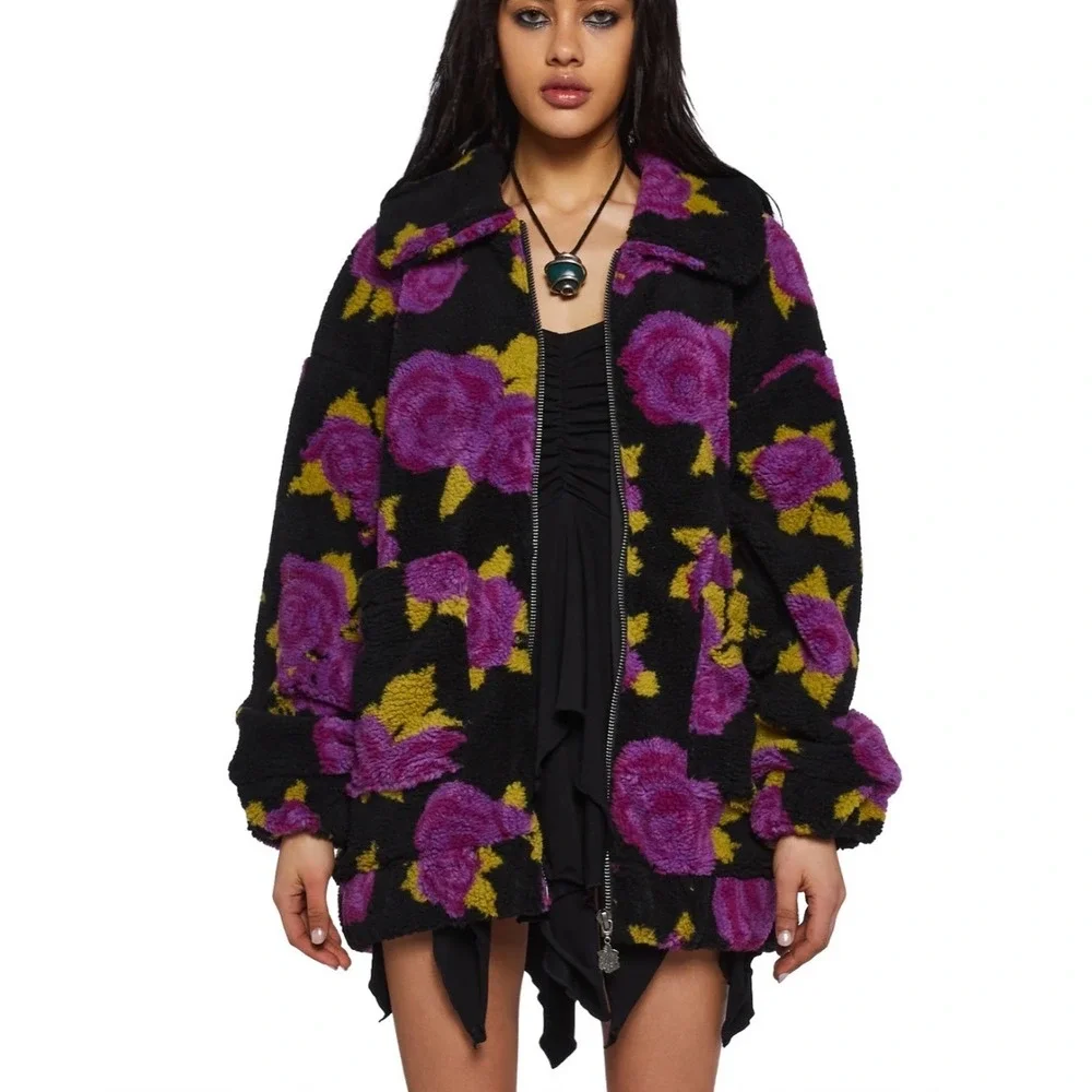 Current Mood loving bloom Floral Sherpa Fleece Jacket sz XS Black Purple green